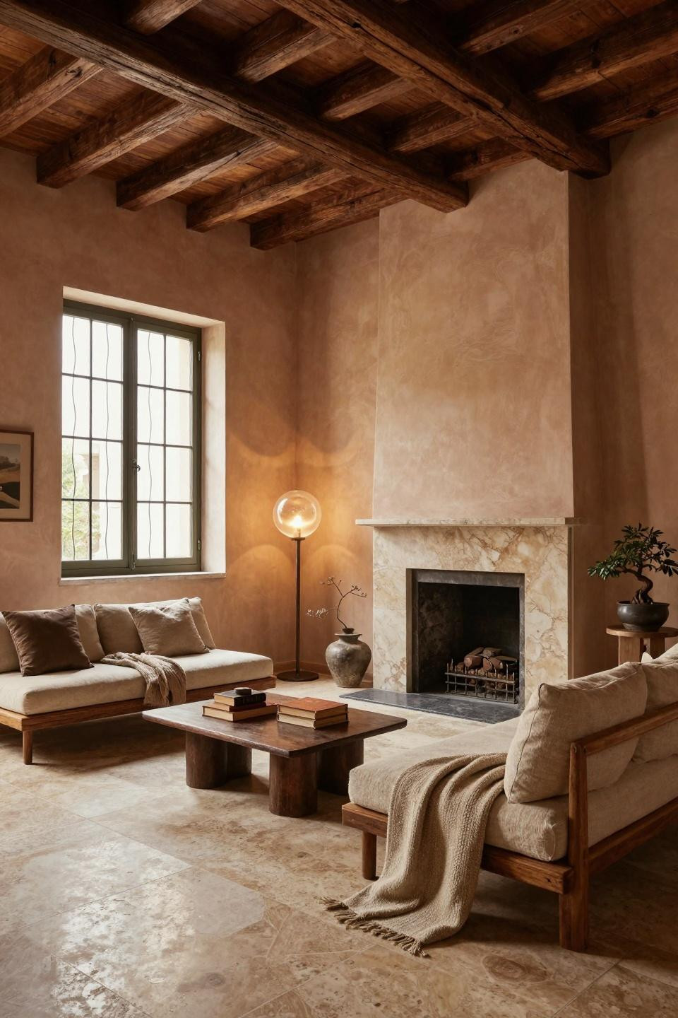 Warm living room colors with hand-troweled lime plaster in sand tones