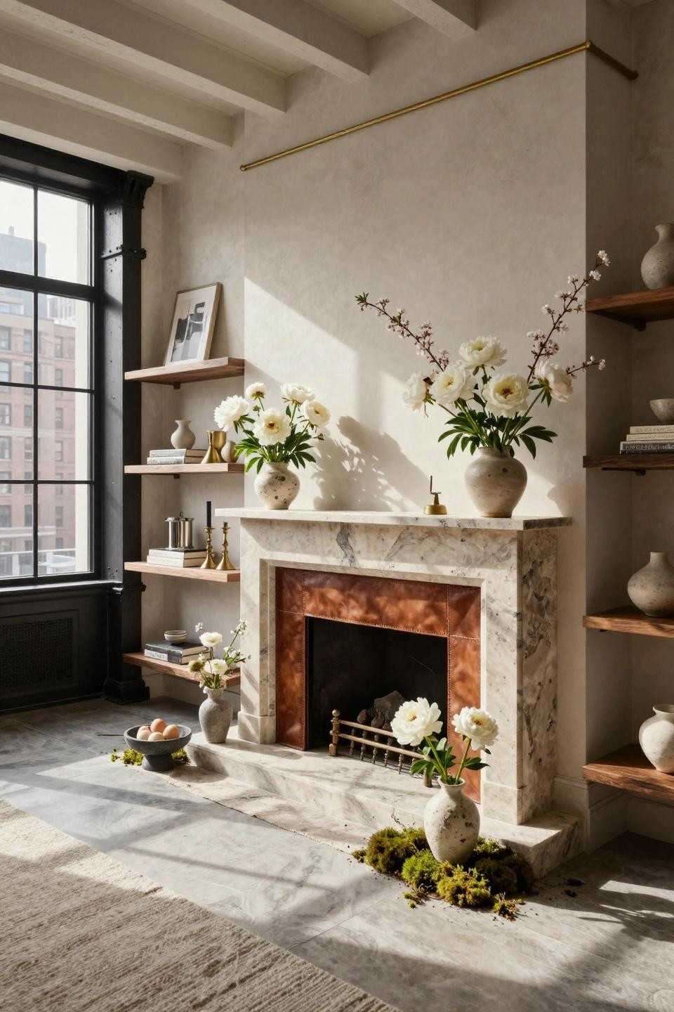 Easter mantle decor ideas in Tribeca loft with hand-carved limestone and saddle leather panels