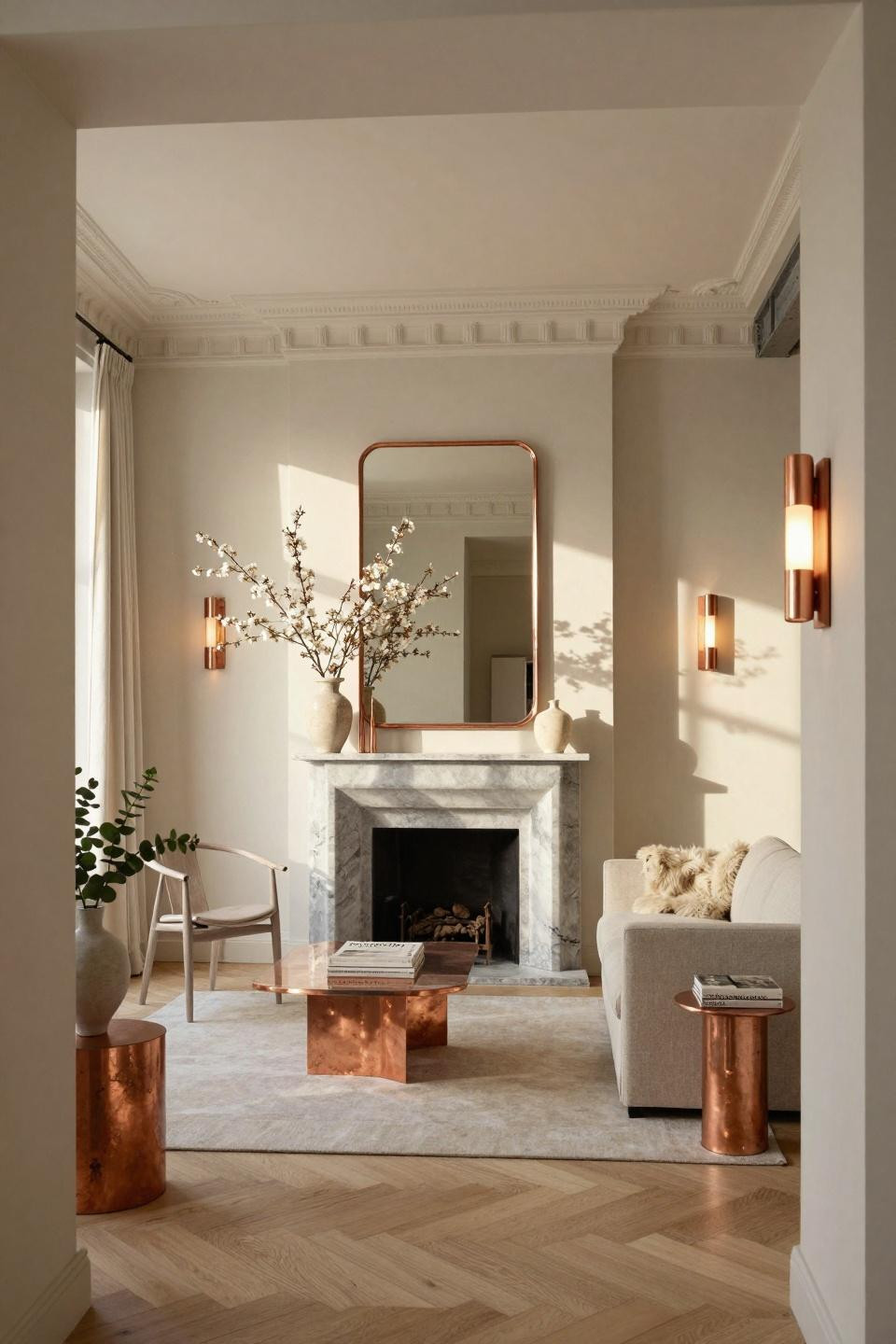 Easter mantle decor ideas in Parisian apartment with sculptural quartzite stone surround
