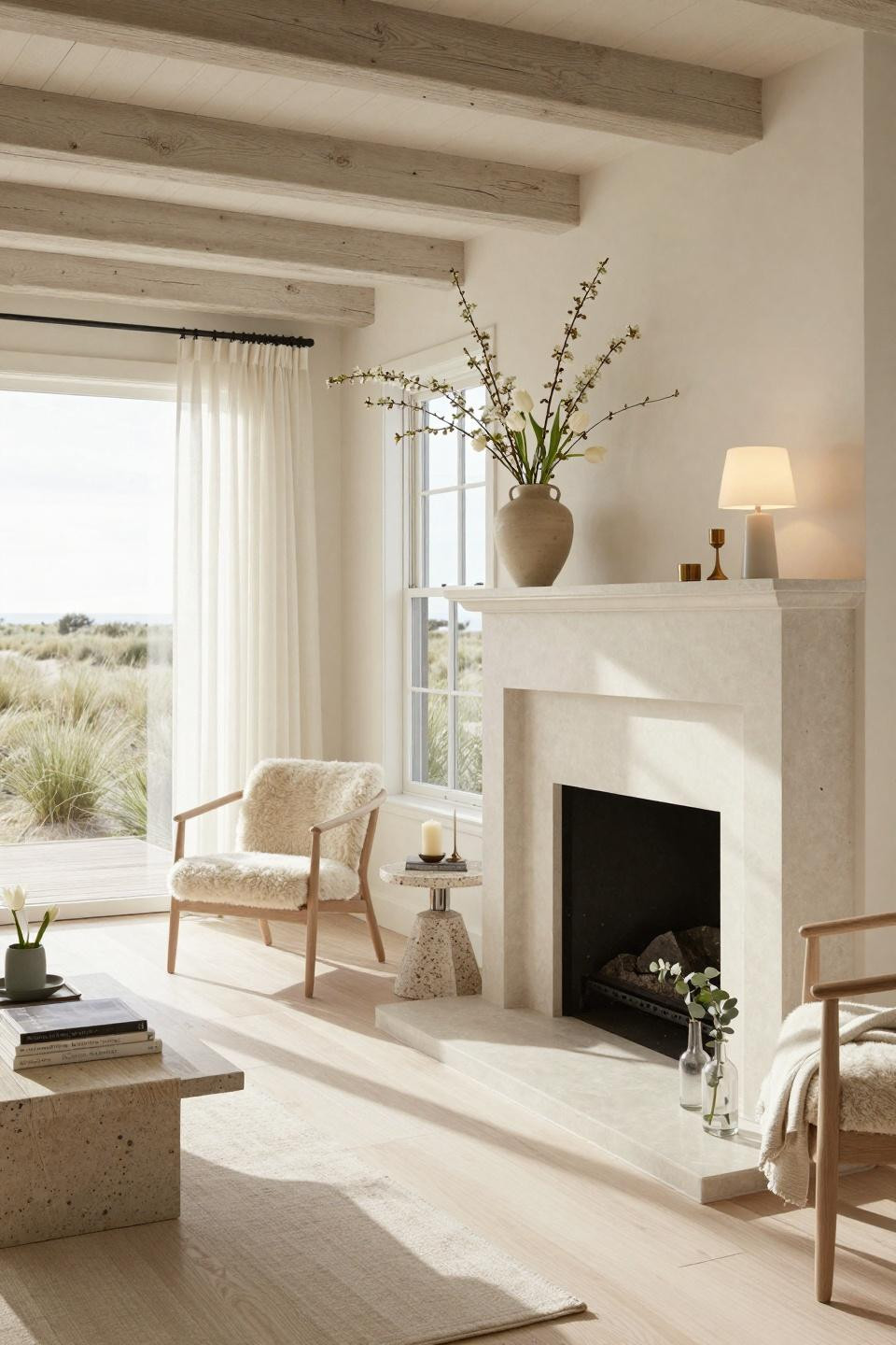 Easter mantle decor ideas in East Hampton beach house with honed limestone finish