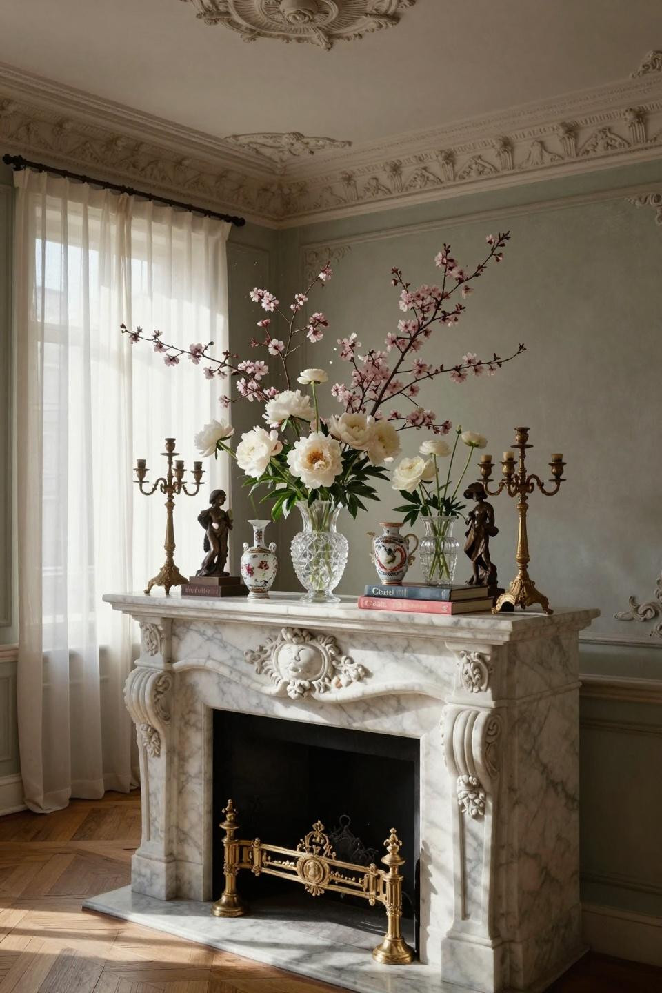 Easter mantle decor ideas featuring Parisian apartment hand-carved limestone with gilded bronze andirons