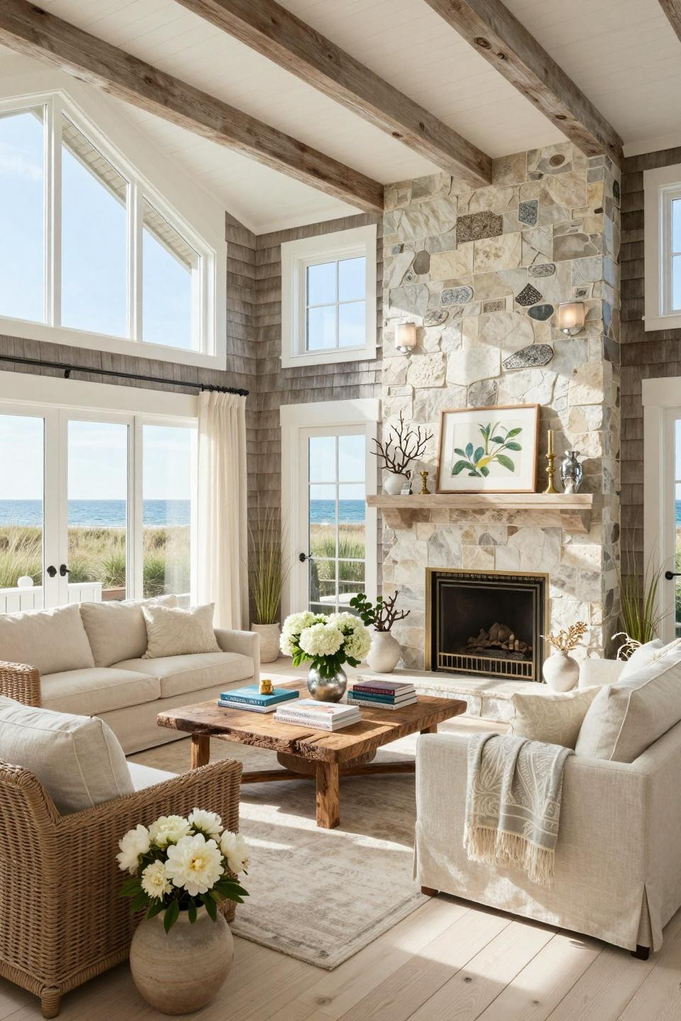 Easter mantle decor ideas in East Hampton beach house with Art Deco-inspired fire screen