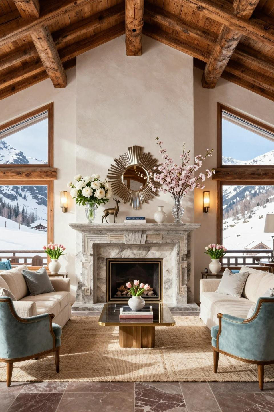 Easter mantle decor ideas in Verbier chalet featuring Art Deco carved granite with nickel surround
