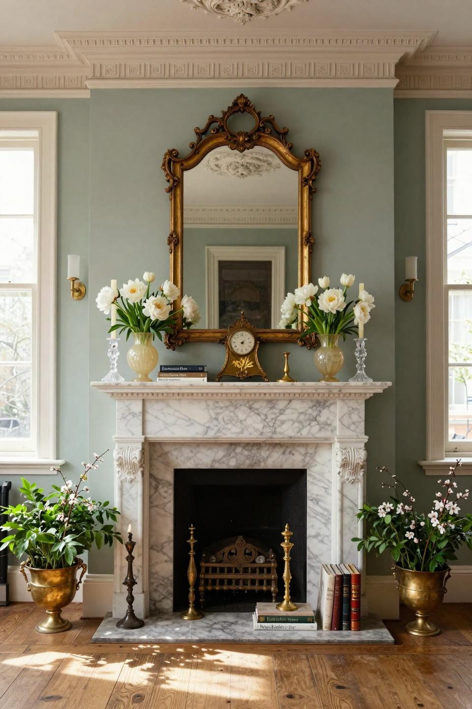 Easter mantle decor ideas in London Georgian townhouse with hand-blown Murano vessels