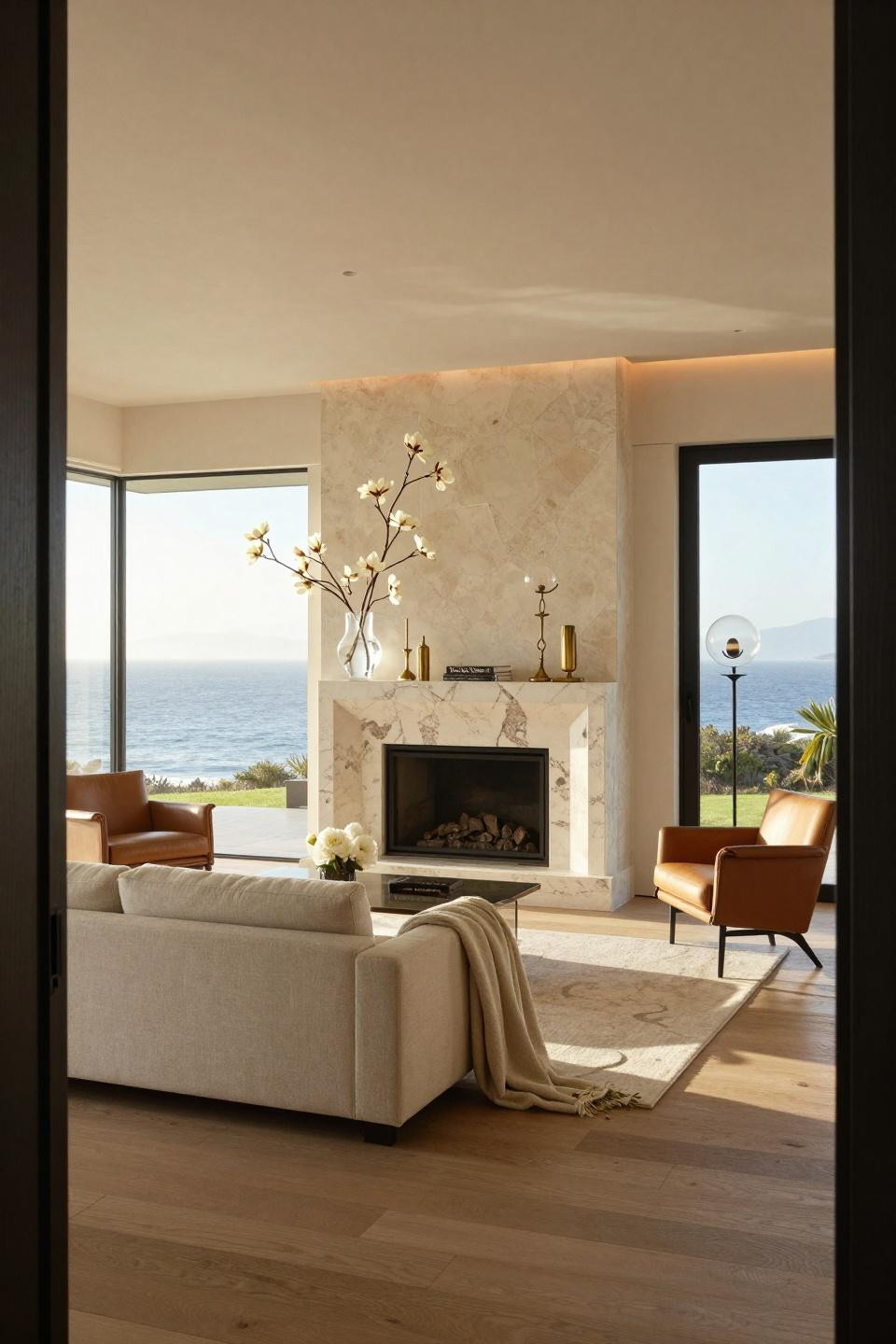 Easter mantle decor ideas featuring Malibu beach house custom travertine fireplace