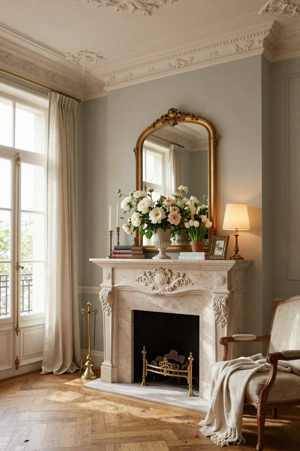 Easter mantle decor ideas in Parisian apartment with French limestone Louis XVI styling