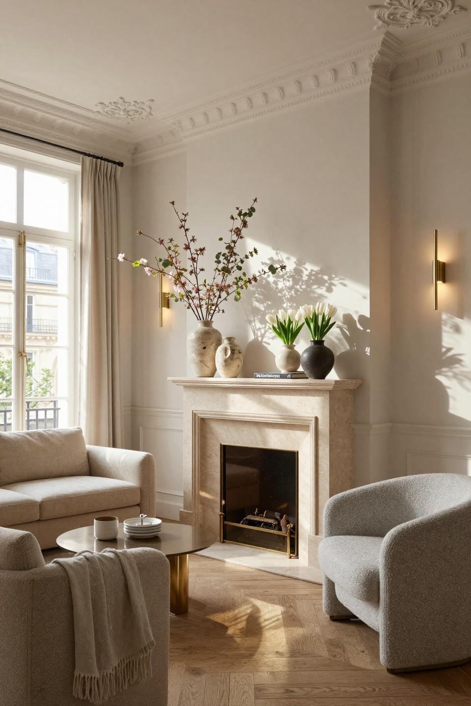 Easter mantel decorating ideas featuring French limestone fireplace with minimalist zen styling