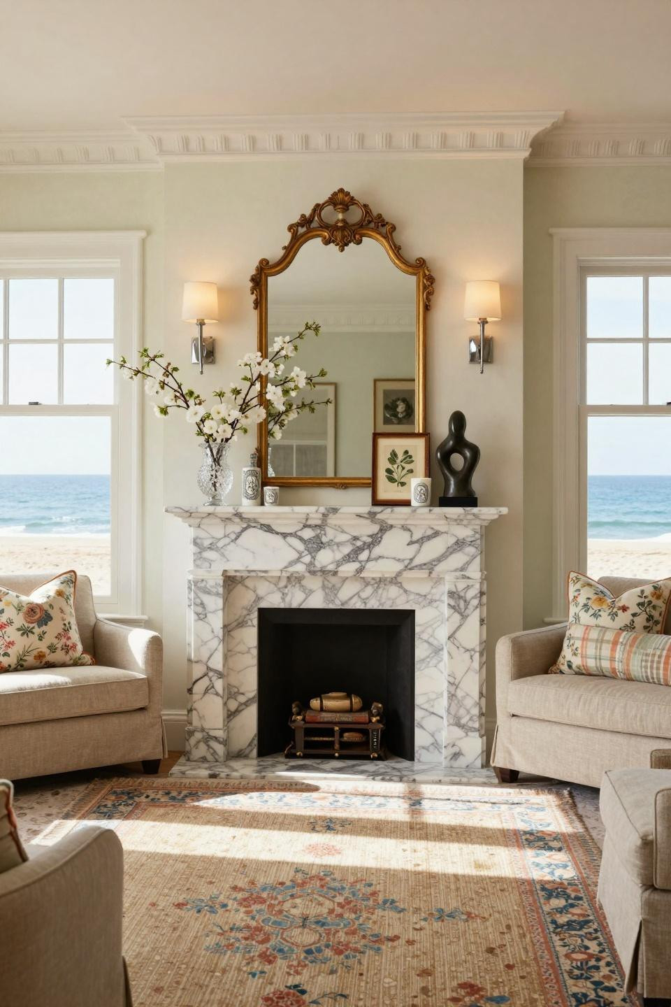 Year round mantle decor in Hamptons beach house featuring book-matched Calacatta marble