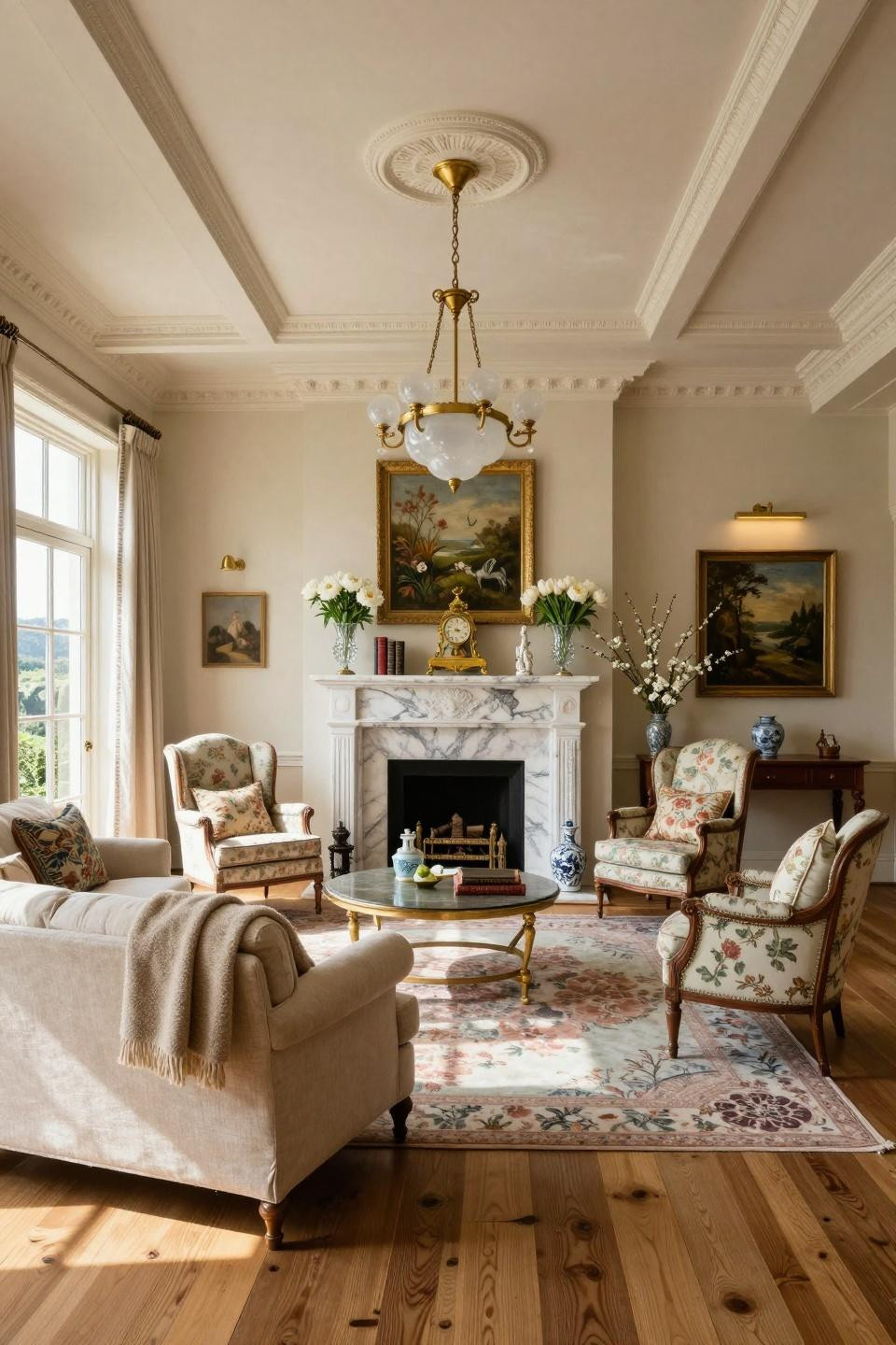 Easter fireplace mantel decor in Beverly Hills estate with hand-carved Regency mantelpiece