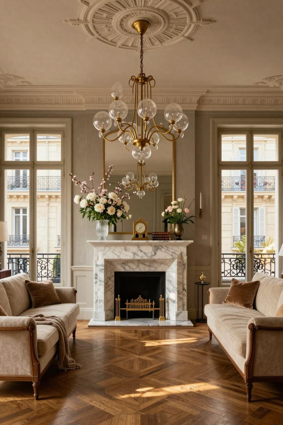 Spring mantle decorating ideas in Parisian apartment with Carrara marble and brass andirons