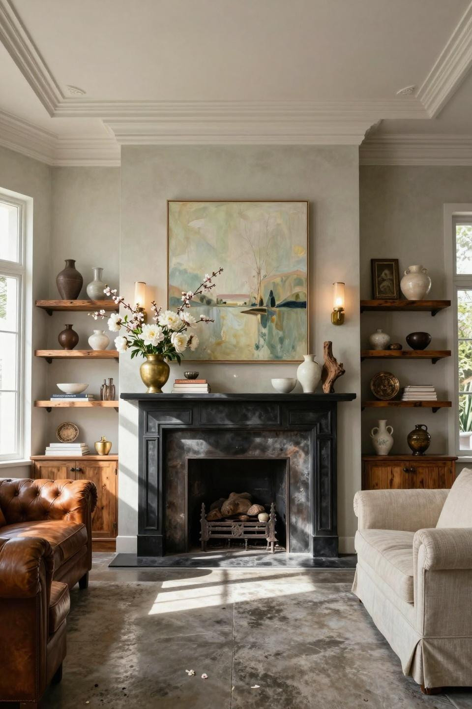 Spring fireplace mantle decor featuring 1930s Art Deco honed black steel surround