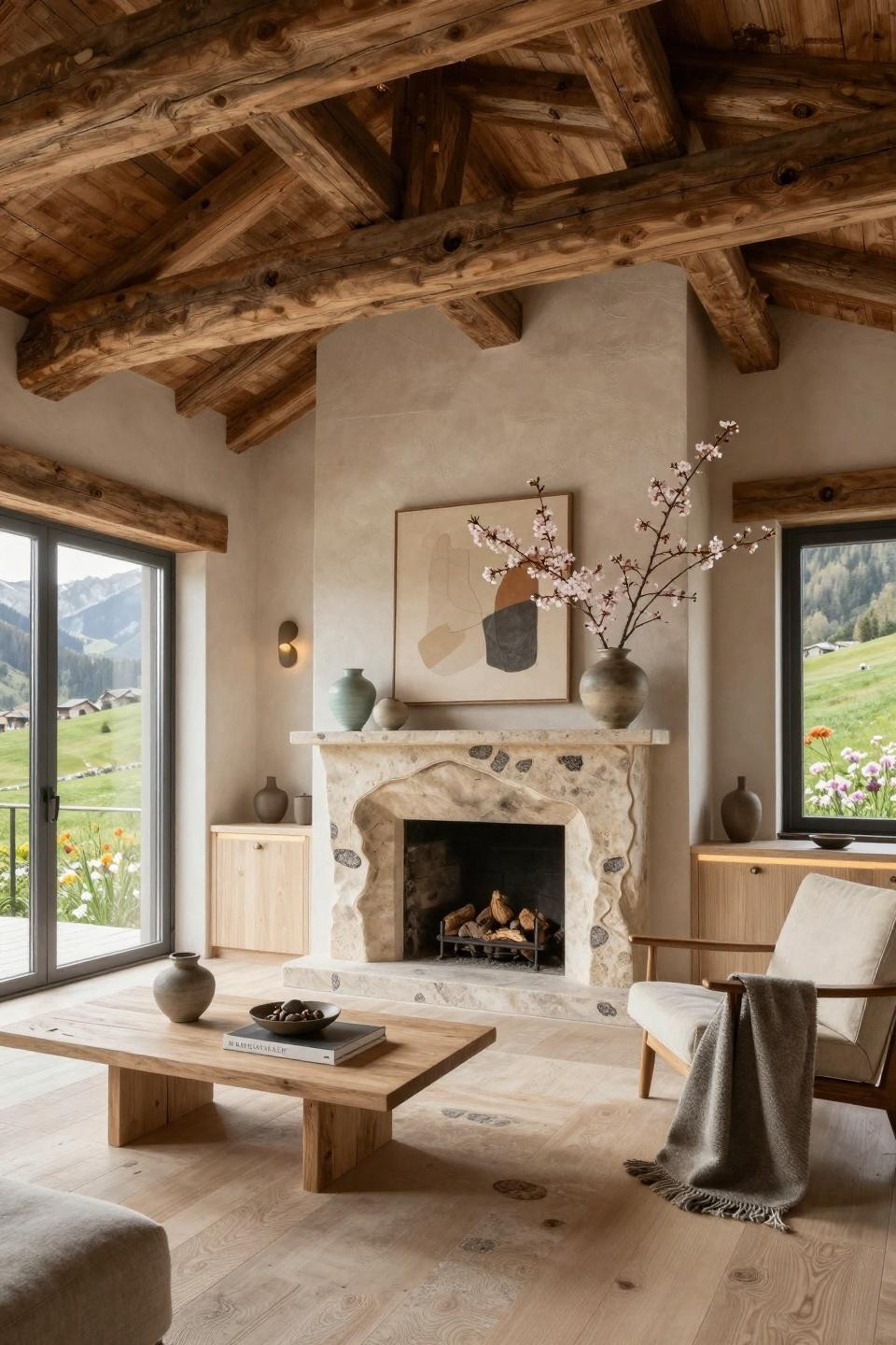 Spring mantle decor with TV featuring French limestone and cerused white oak