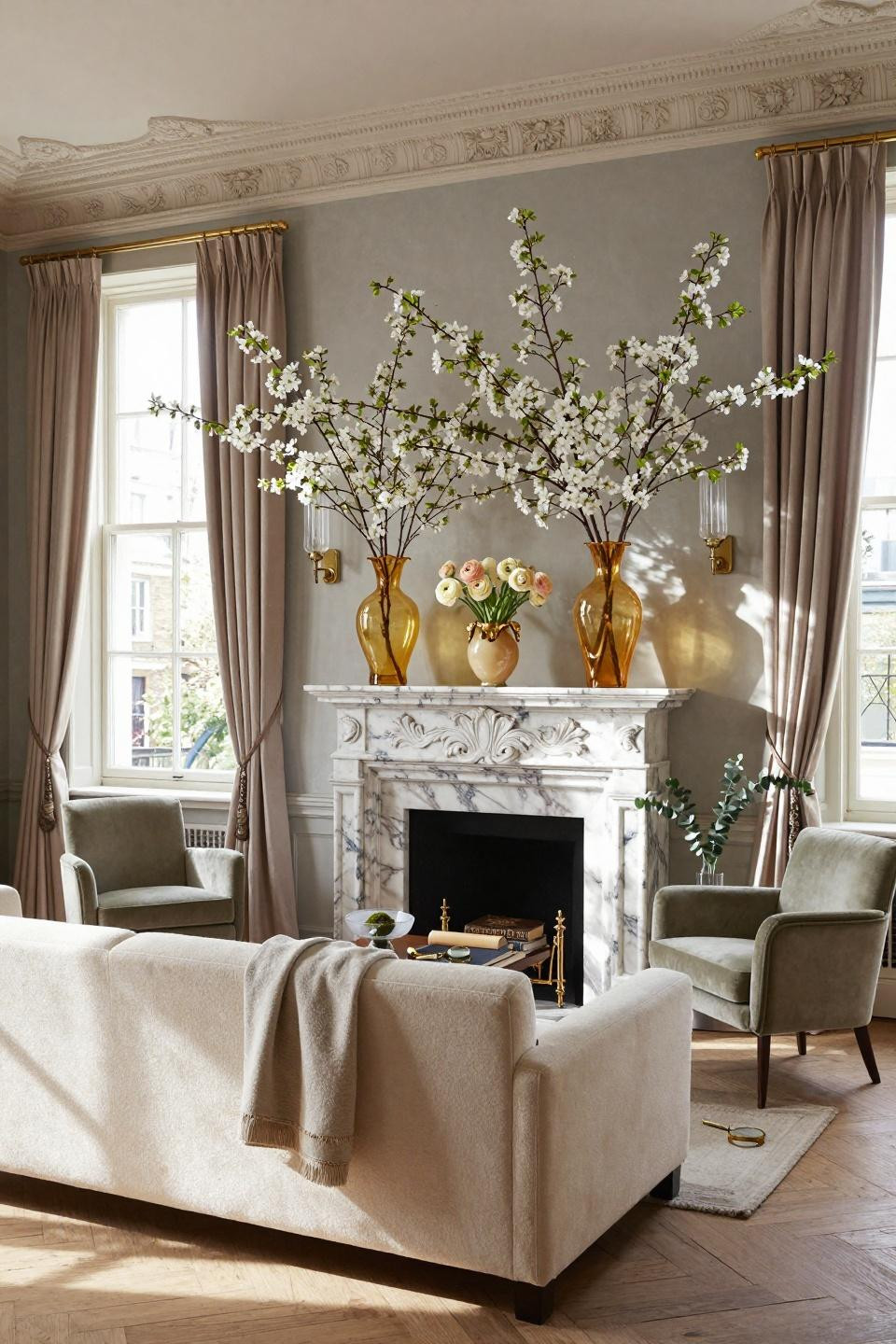 Mantle decorating ideas everyday featuring antique Italian Carrara marble with hand-carved details