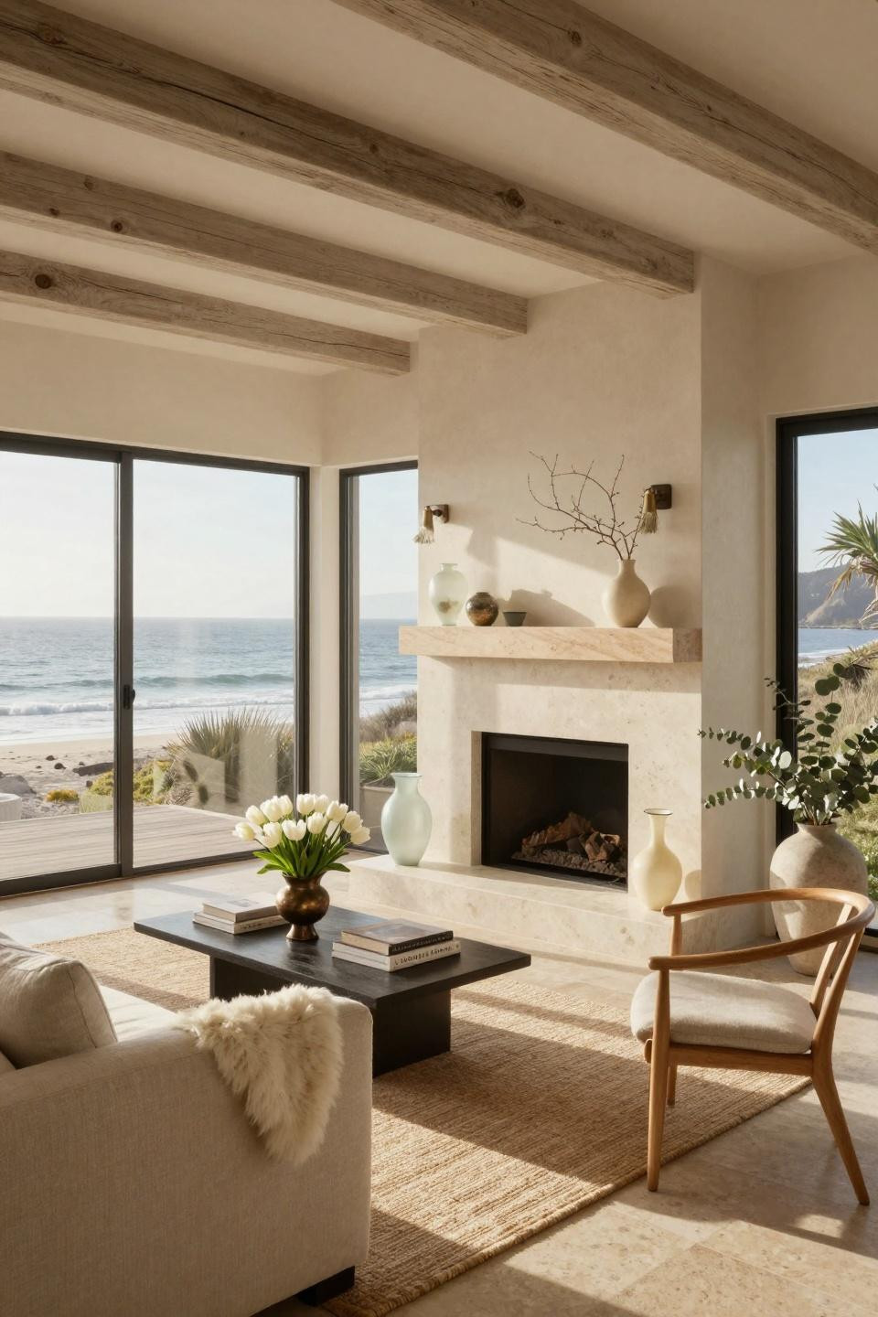 Everyday mantel decorating ideas in Malibu beach house with travertine surround