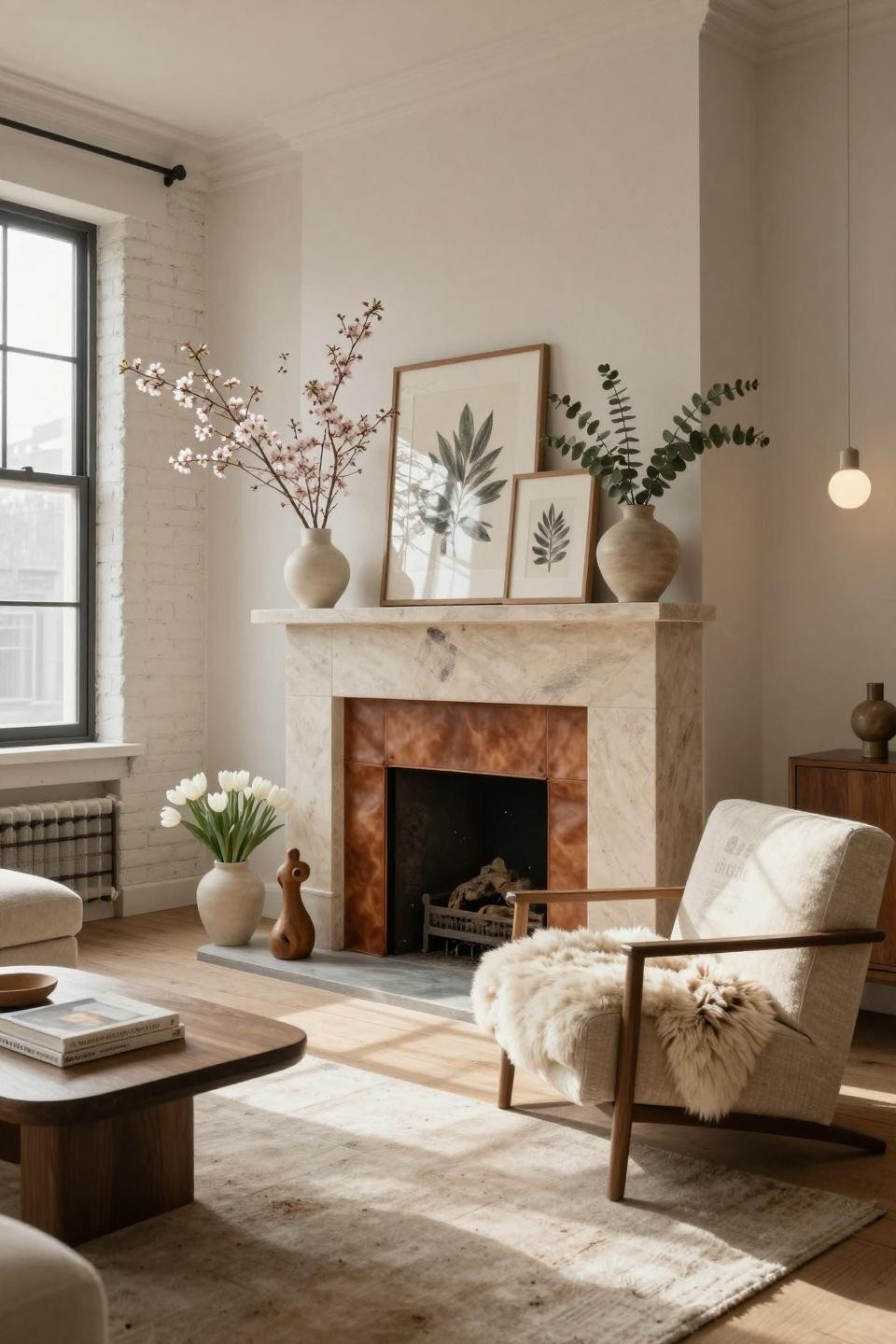 Spring mantel decorating ideas featuring limestone fireplace with saddle leather accents