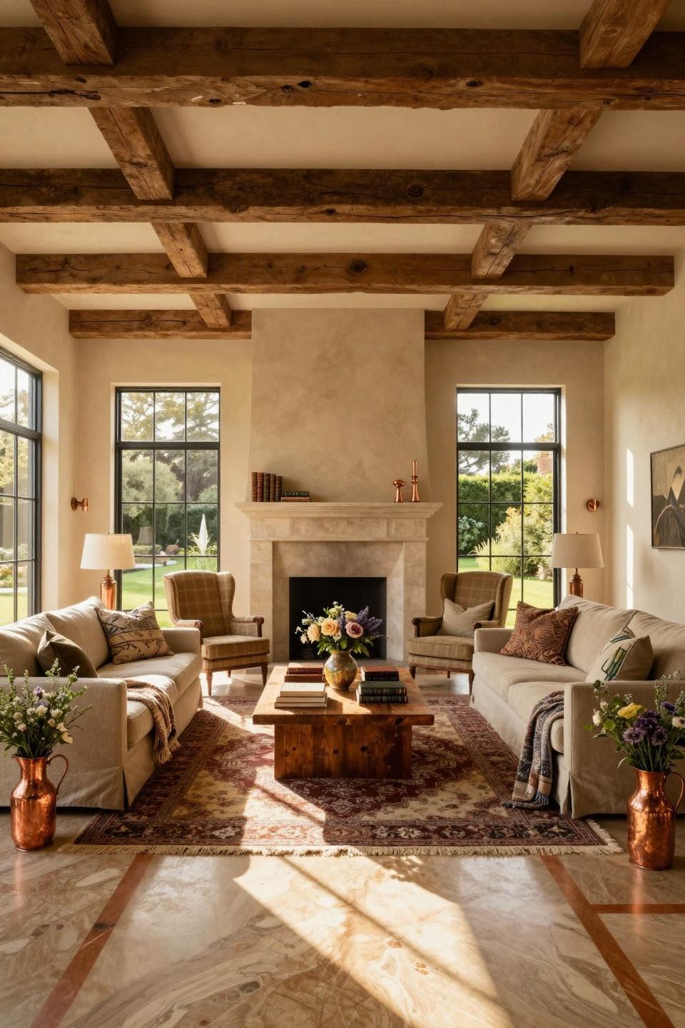 Cozy cottage aesthetic with stone fireplace and quartzite flooring