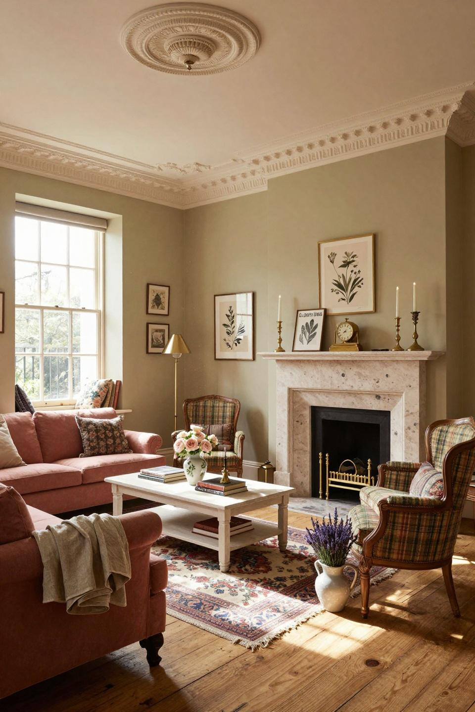 Cozy cottage aesthetic with limestone fireplace and George Smith English country sofa