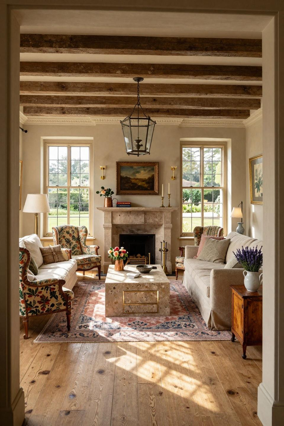 Cozy cottage aesthetic with stone fireplace and William Morris Strawberry Thief fabric