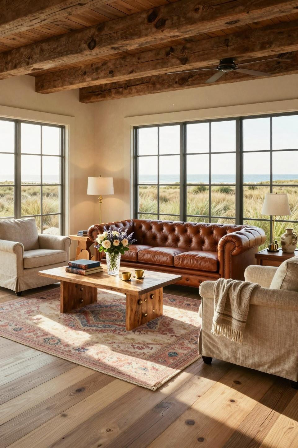 Cozy cottage aesthetic with vintage English Chesterfield in tobacco leather
