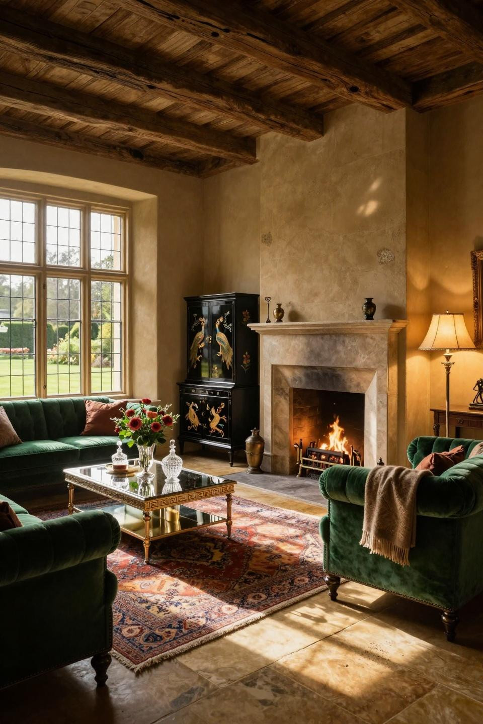 Cozy cottage aesthetic with limestone fireplace and chinoiserie lacquered cabinet