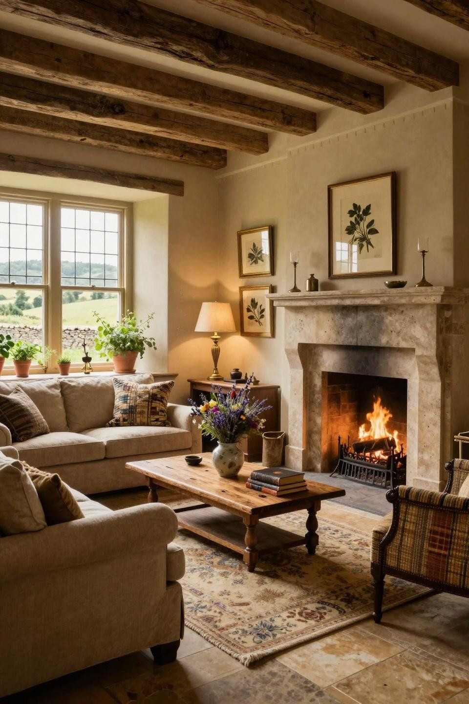 Cozy cottage aesthetic with floor-to-ceiling limestone fireplace and overstuffed linen sofa