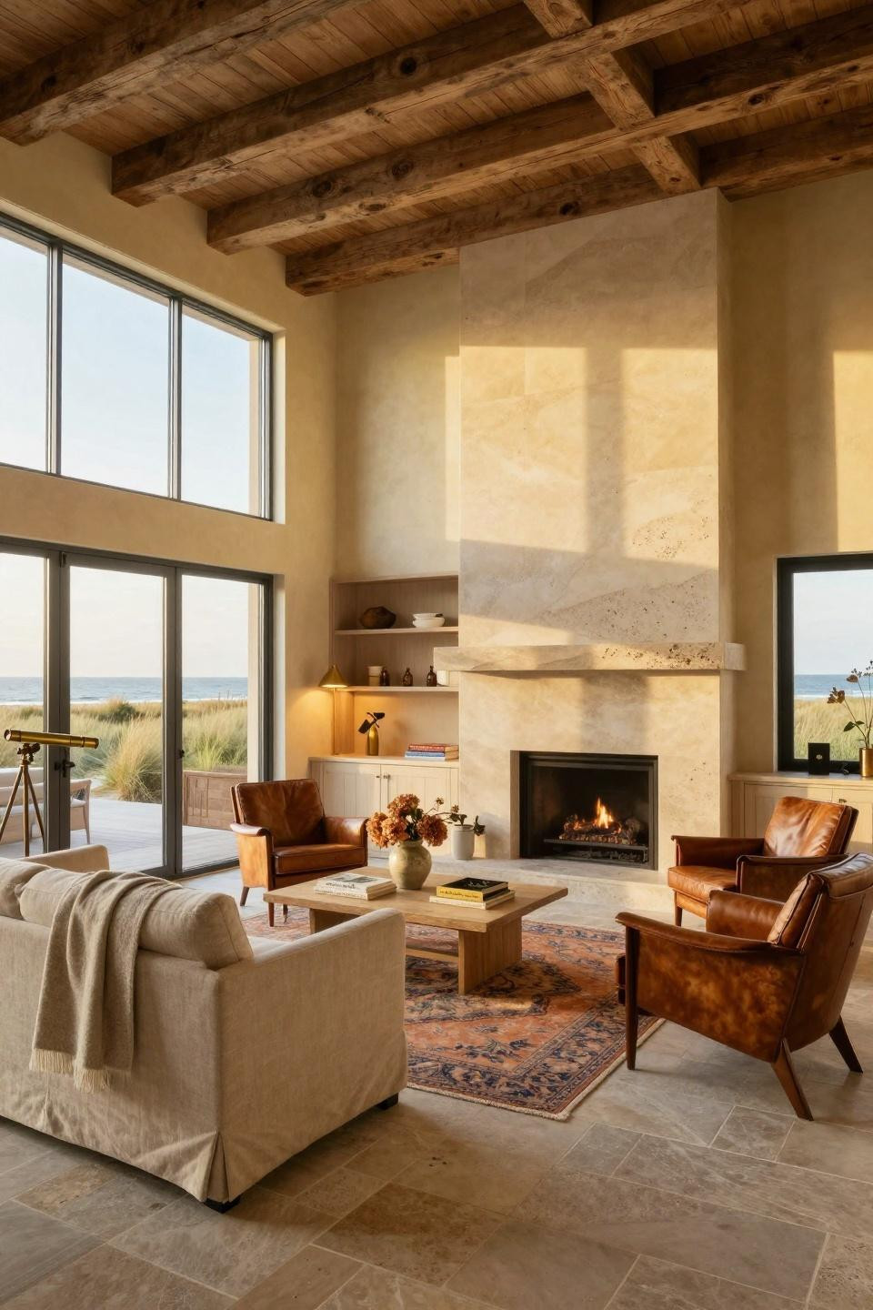 Cozy cottage aesthetic with limestone fireplace and Ralph Lauren Home Chesterfield