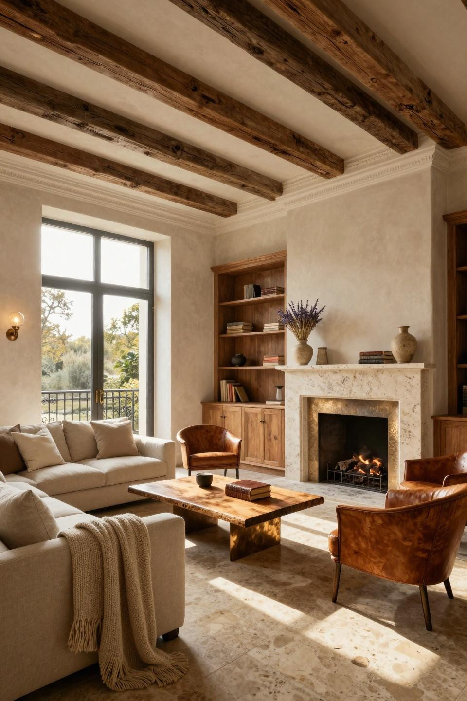 Cozy cottage aesthetic with travertine fireplace and brushed bronze surround