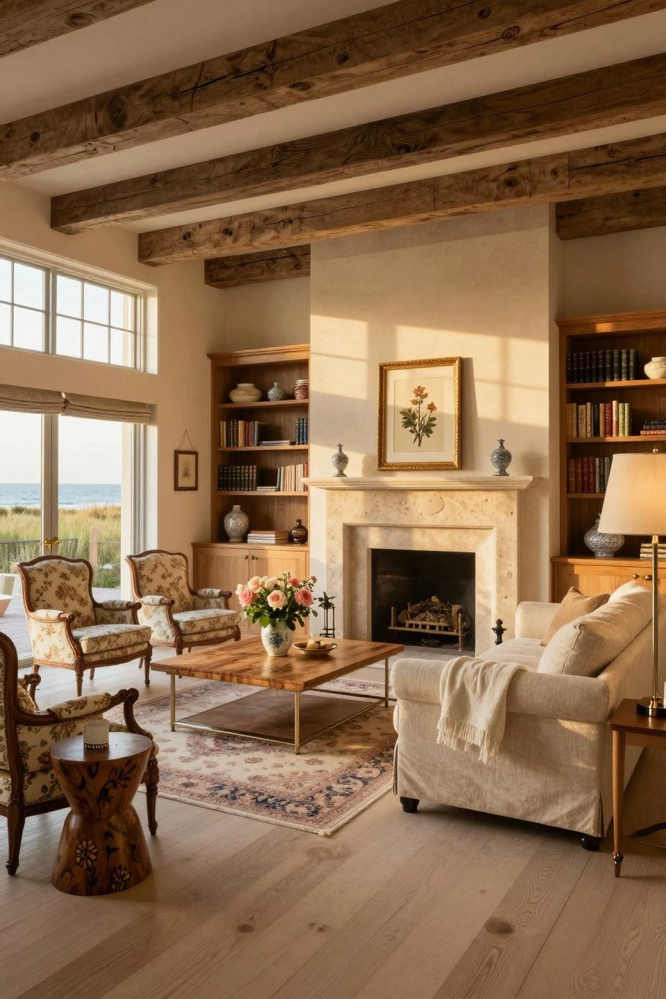Cozy cottage aesthetic with limestone fireplace and Belgian linen upholstery
