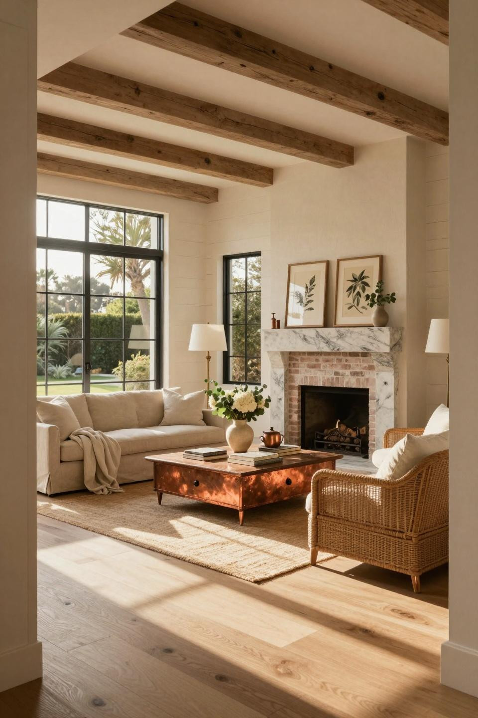 Cozy cottage aesthetic with vintage brick fireplace and quartzite mantel