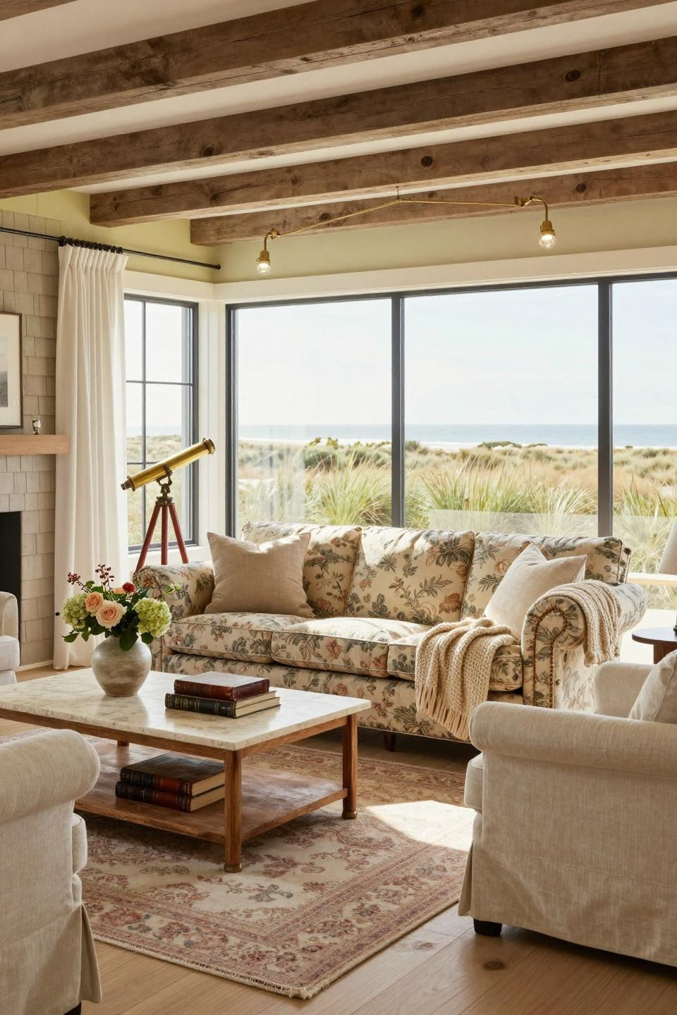 Cozy cottage aesthetic with vintage Chesterfield sofa in faded English floral linen