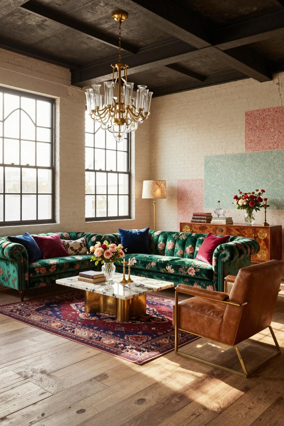 Cottage core house aesthetic with jewel-tone emerald Chesterfield and Calacatta Gold marble