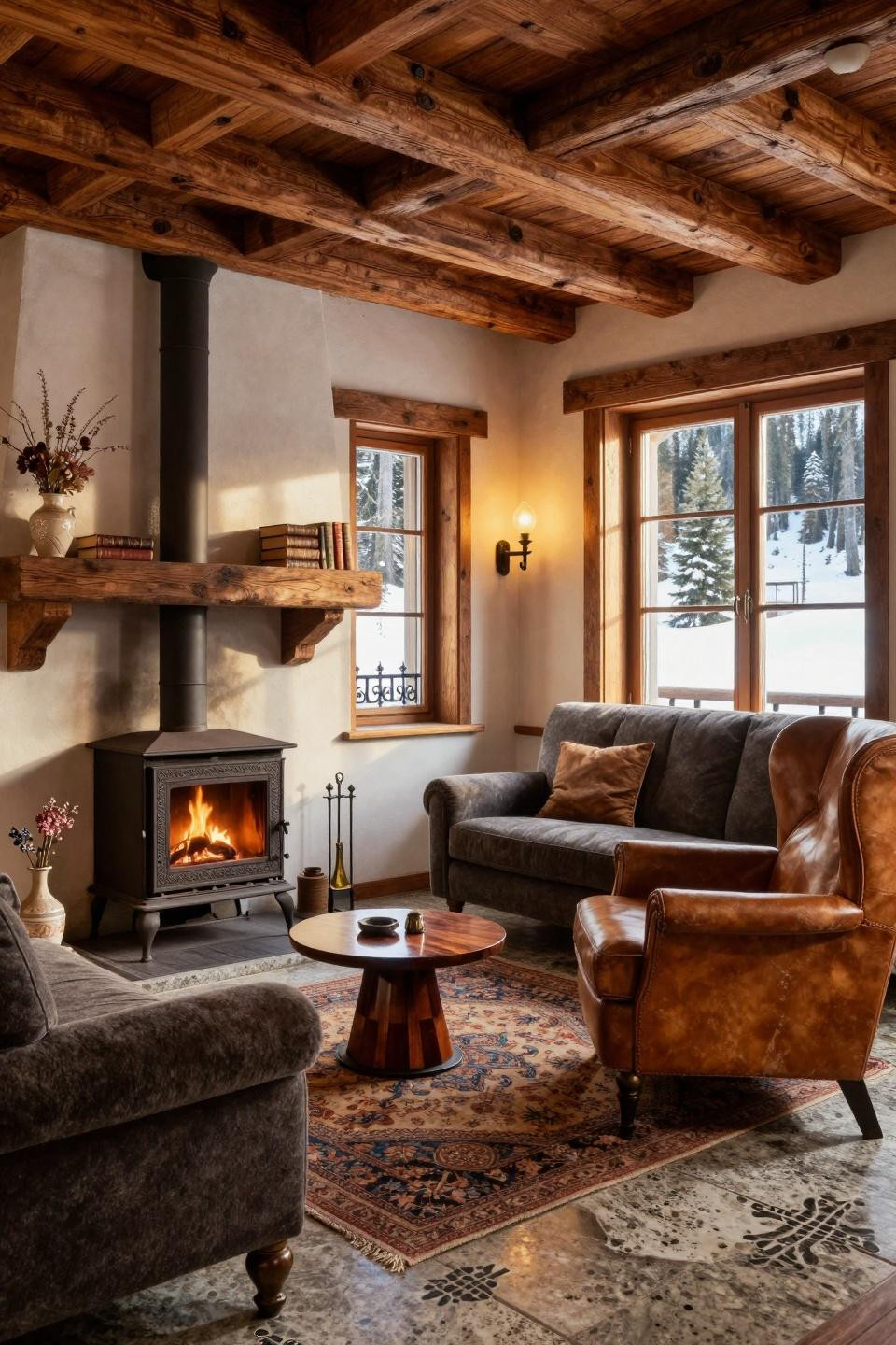 Cottagecore house interior with vintage cast iron stove and honed granite flooring