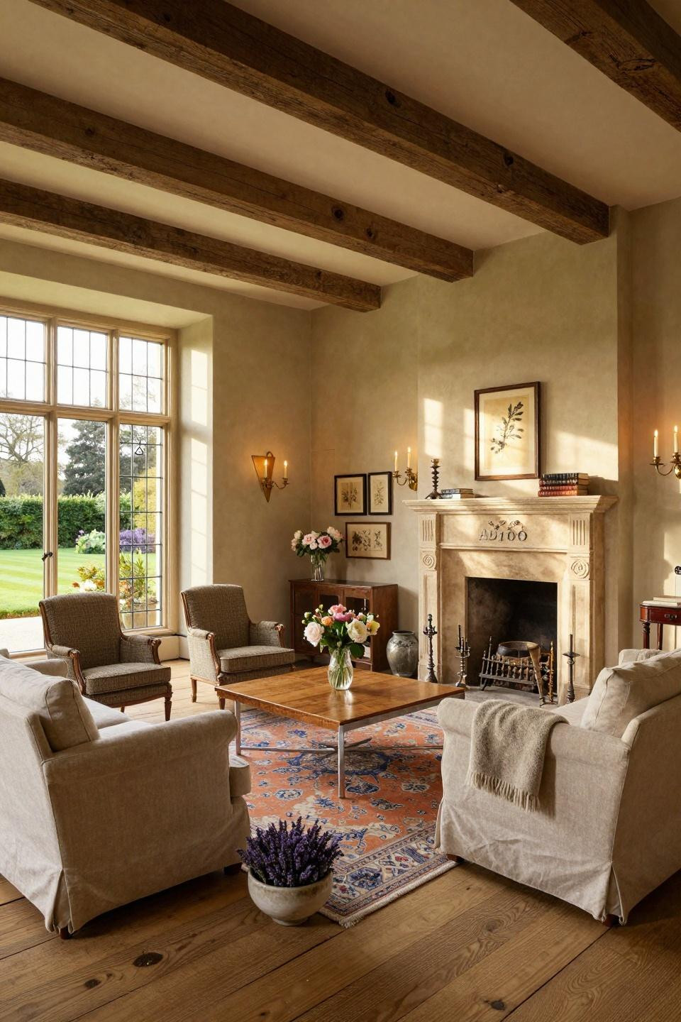 Cottage core house interior with George Smith Signature sofa and antique Persian Heriz rug