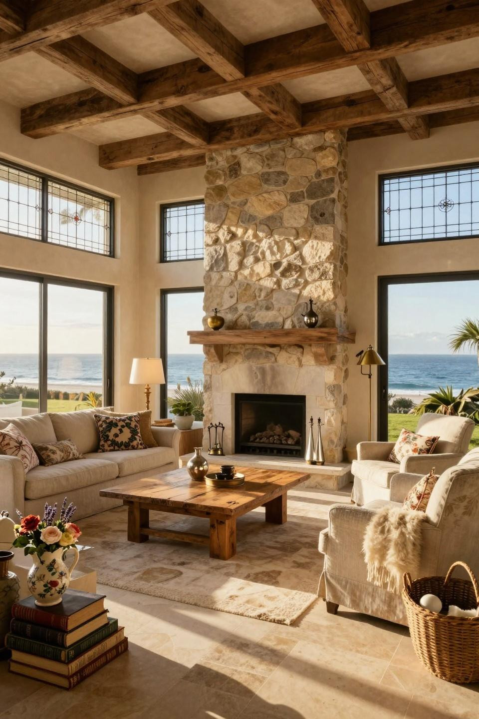 Cottage core interior design in Malibu villa with Santa Monica mountain stone fireplace