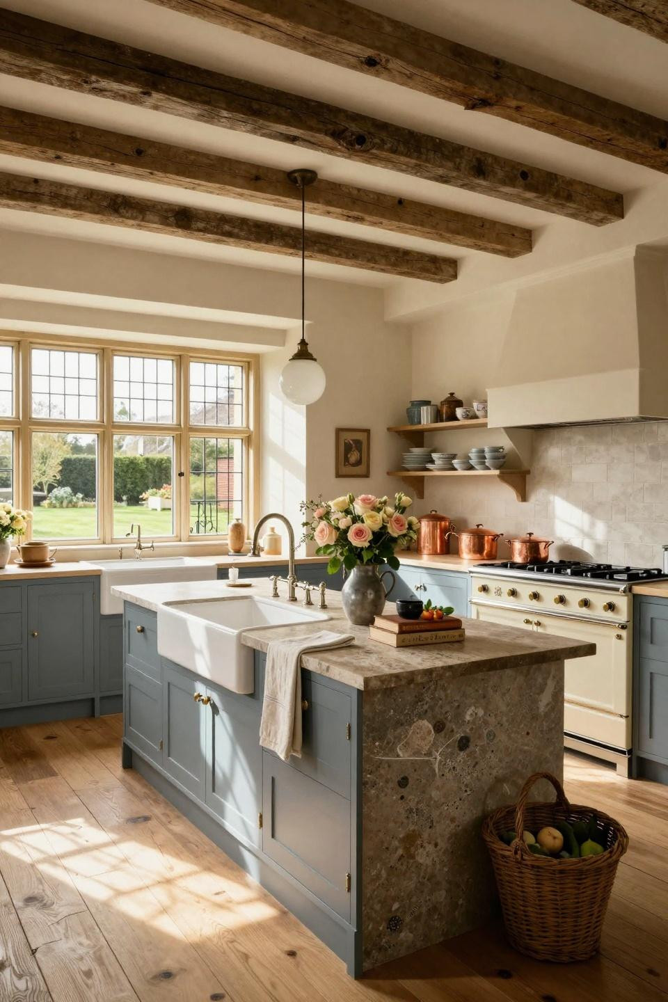 Cottage core kitchen with French limestone countertops and La Cornue Chateau range