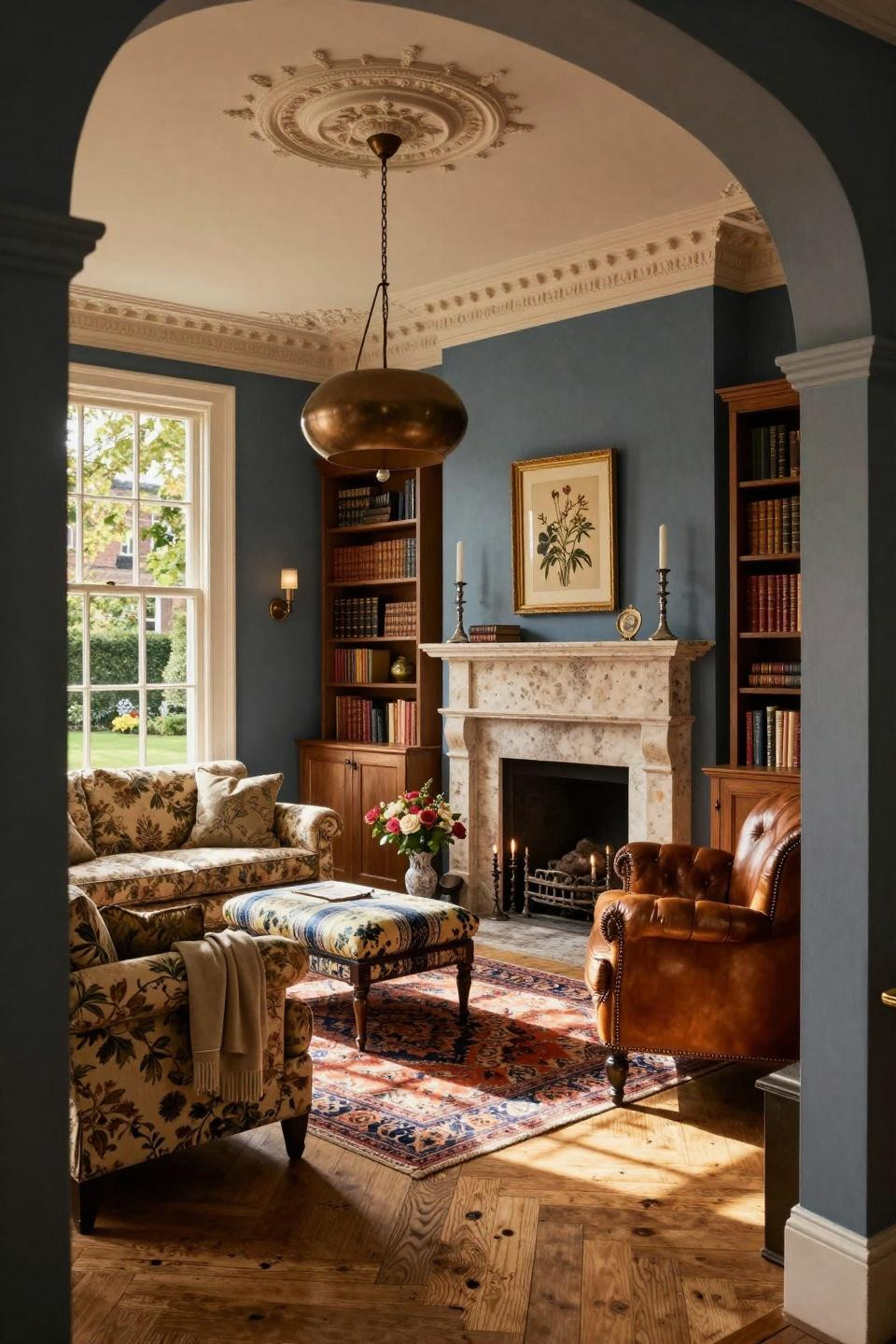 English cottage aesthetic with Farrow & Ball Stiffkey Blue and travertine fireplace