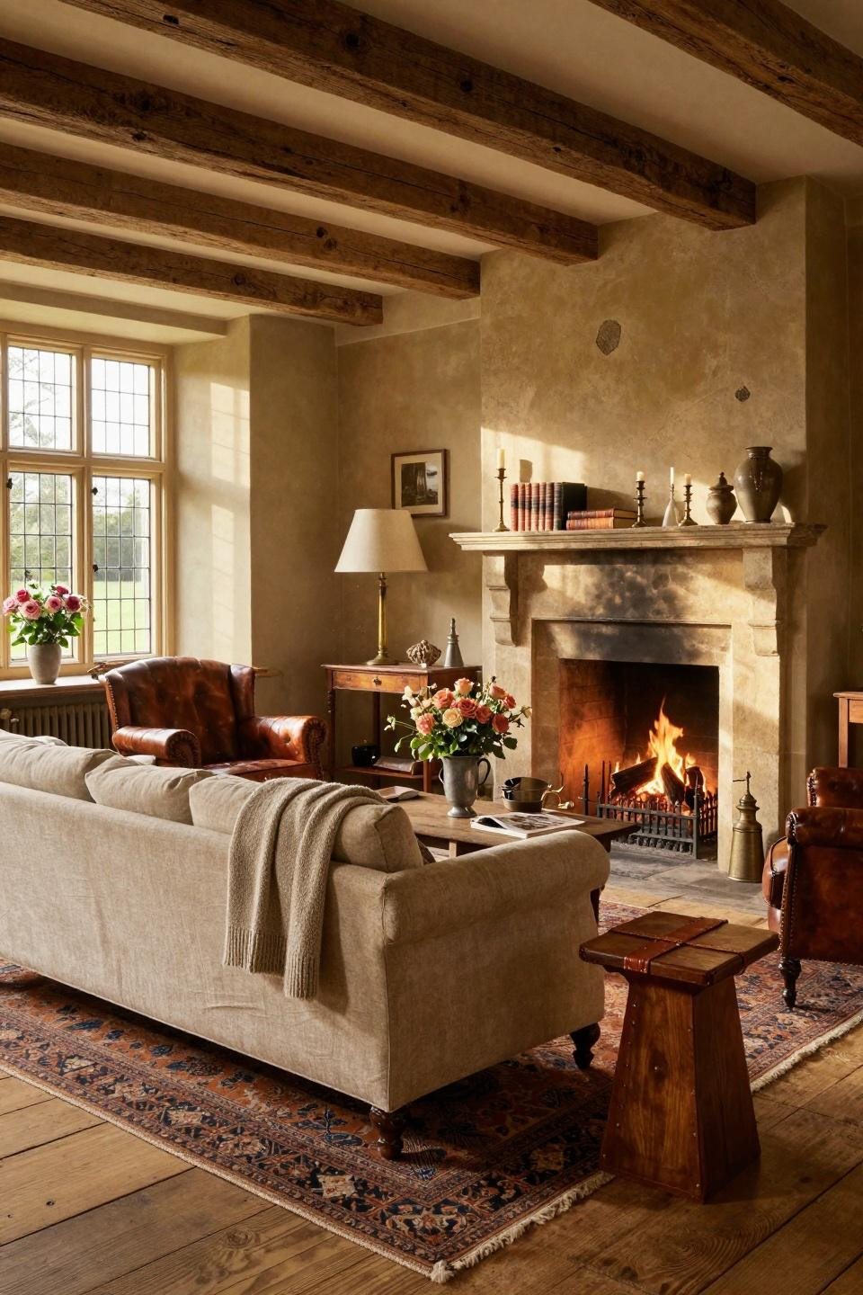 Cottage inspo featuring George Smith Signature sofa and antique Persian Heriz rug