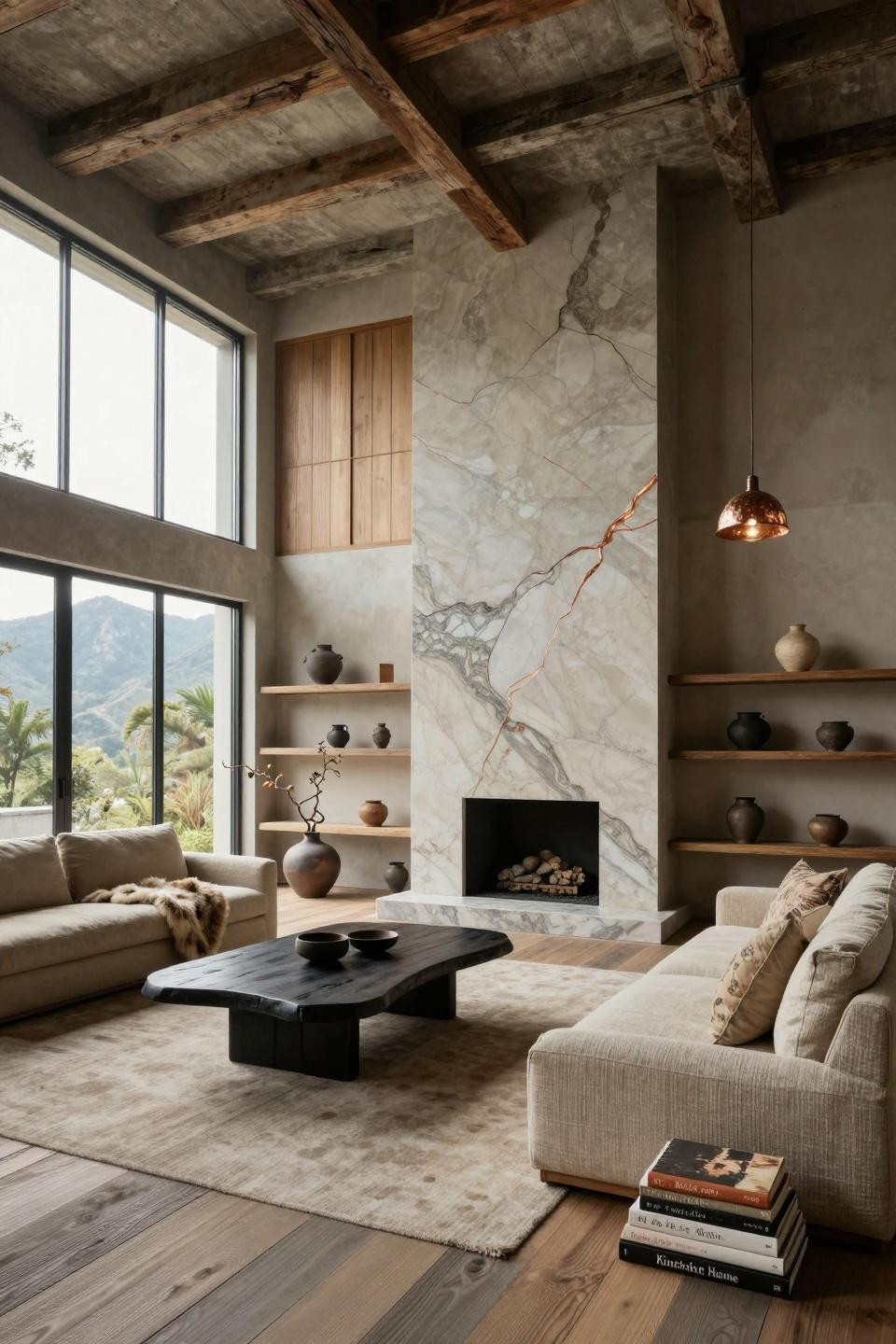 Cottage aesthetic interior with Japanese Wabi-Sabi minimalism and Taj Mahal quartzite fireplace