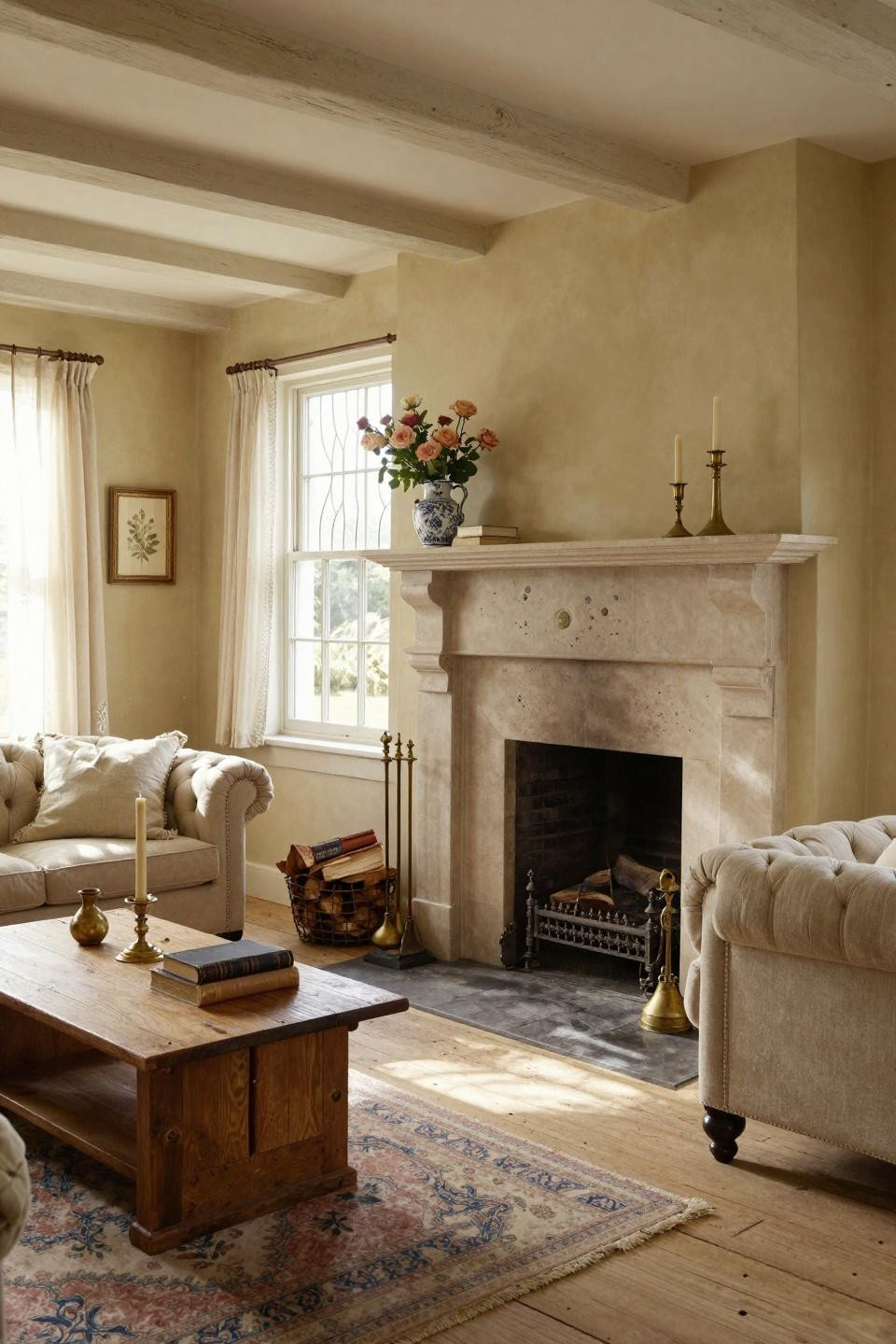 Cozy cottage aesthetic with reclaimed white oak flooring and limestone fireplace surround