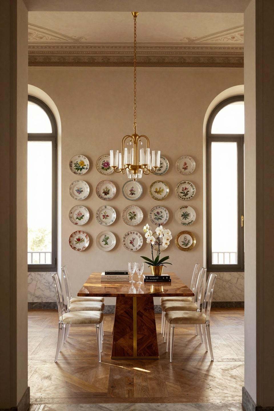 Plate gallery wall featuring Meissen and Limoges porcelain in Milan Centro Storico villa dining room
