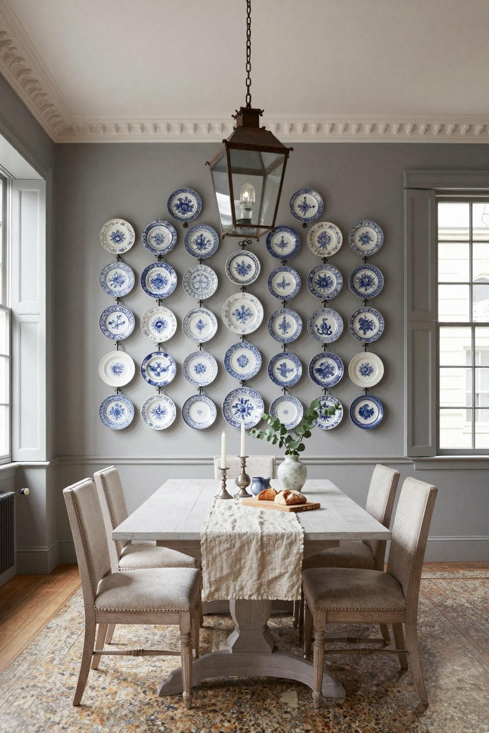 Plate display ideas featuring Delftware and English creamware in London Kensington Georgian townhouse