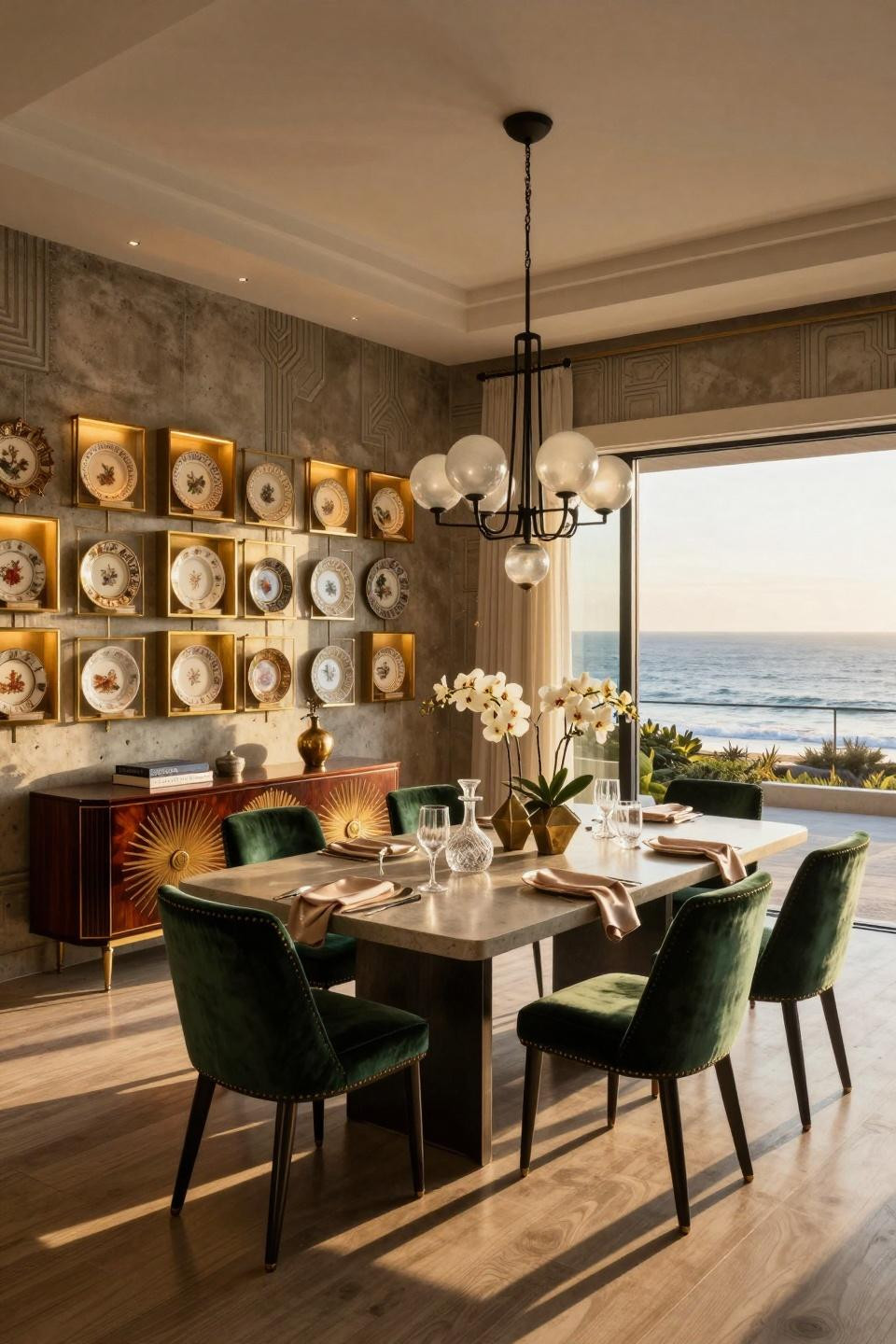 Hanging plates on the wall ideas featuring Meissen and Royal Copenhagen in Malibu beach house penthouse