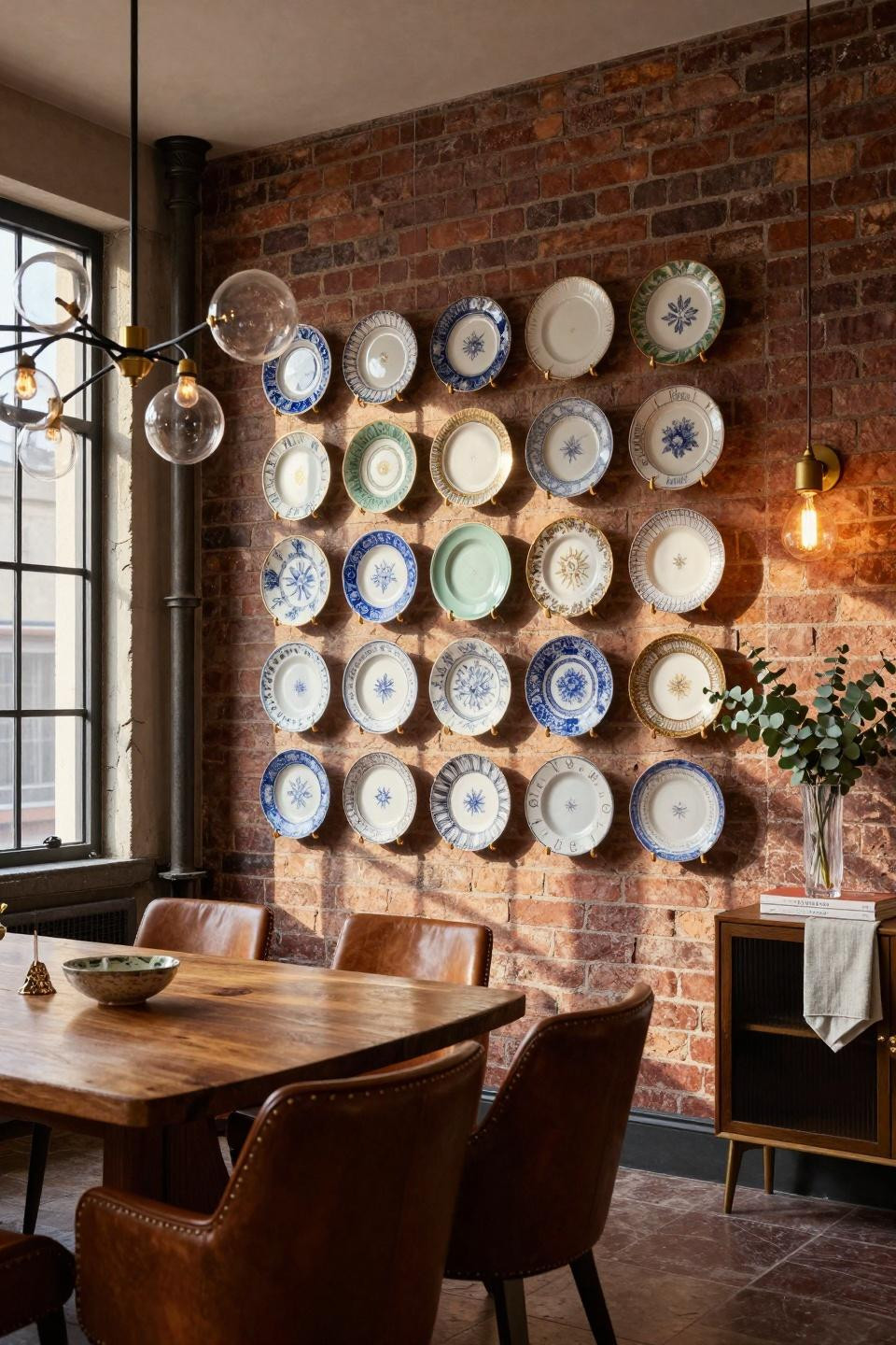 Vintage plates on wall displaying Meissen and Sèvres porcelain in Tribeca loft dining room