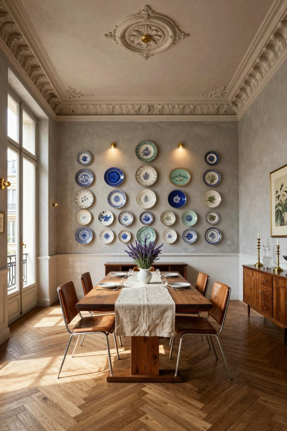 Antique plates on wall featuring French porcelain in cobalt blue and celadon in Parisian Haussmann apartment