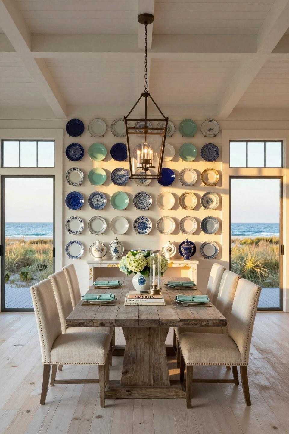 Kitchen gallery wall displaying antique ceramics in cobalt blue and celadon green in Amagansett beach house