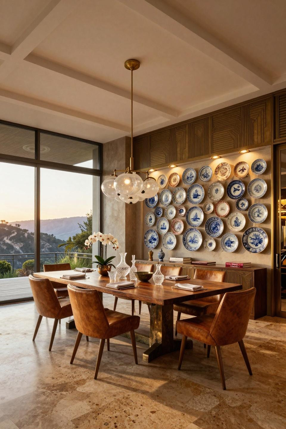 Plates on wall in kitchen featuring eighteenth-century Delft blue and white porcelain in Beverly Hills estate