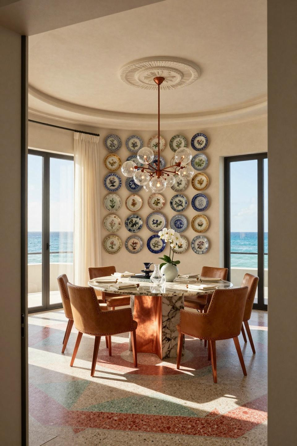 Decorative plates display featuring rare Qianlong dynasty porcelain in Miami South Beach Art Deco villa