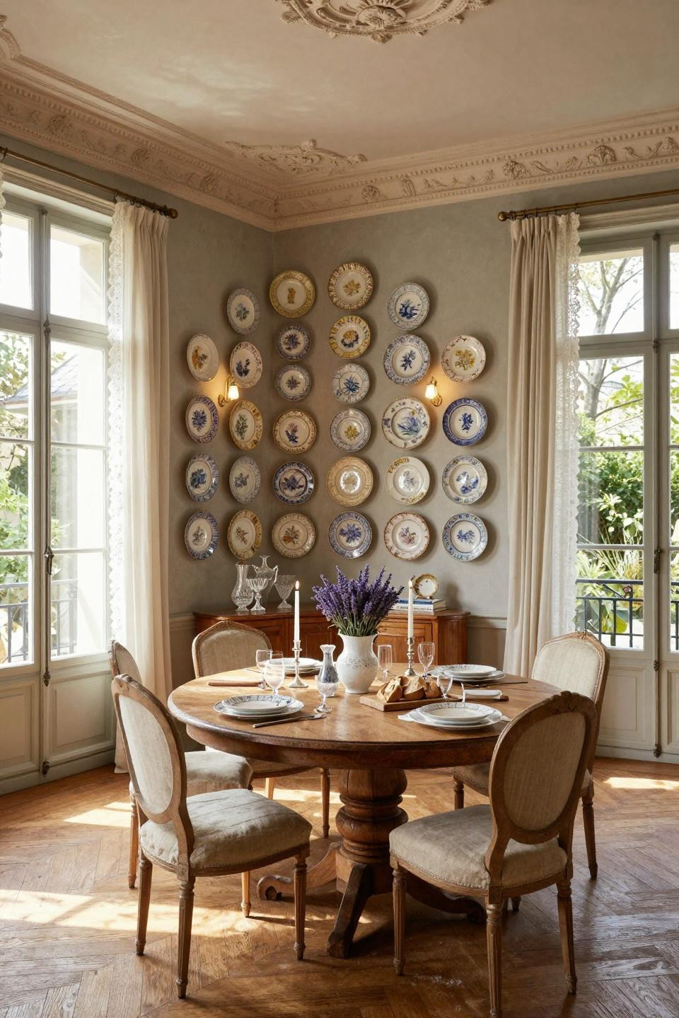 Plate wall art displaying antique French faience in Parisian Haussmann townhouse dining room