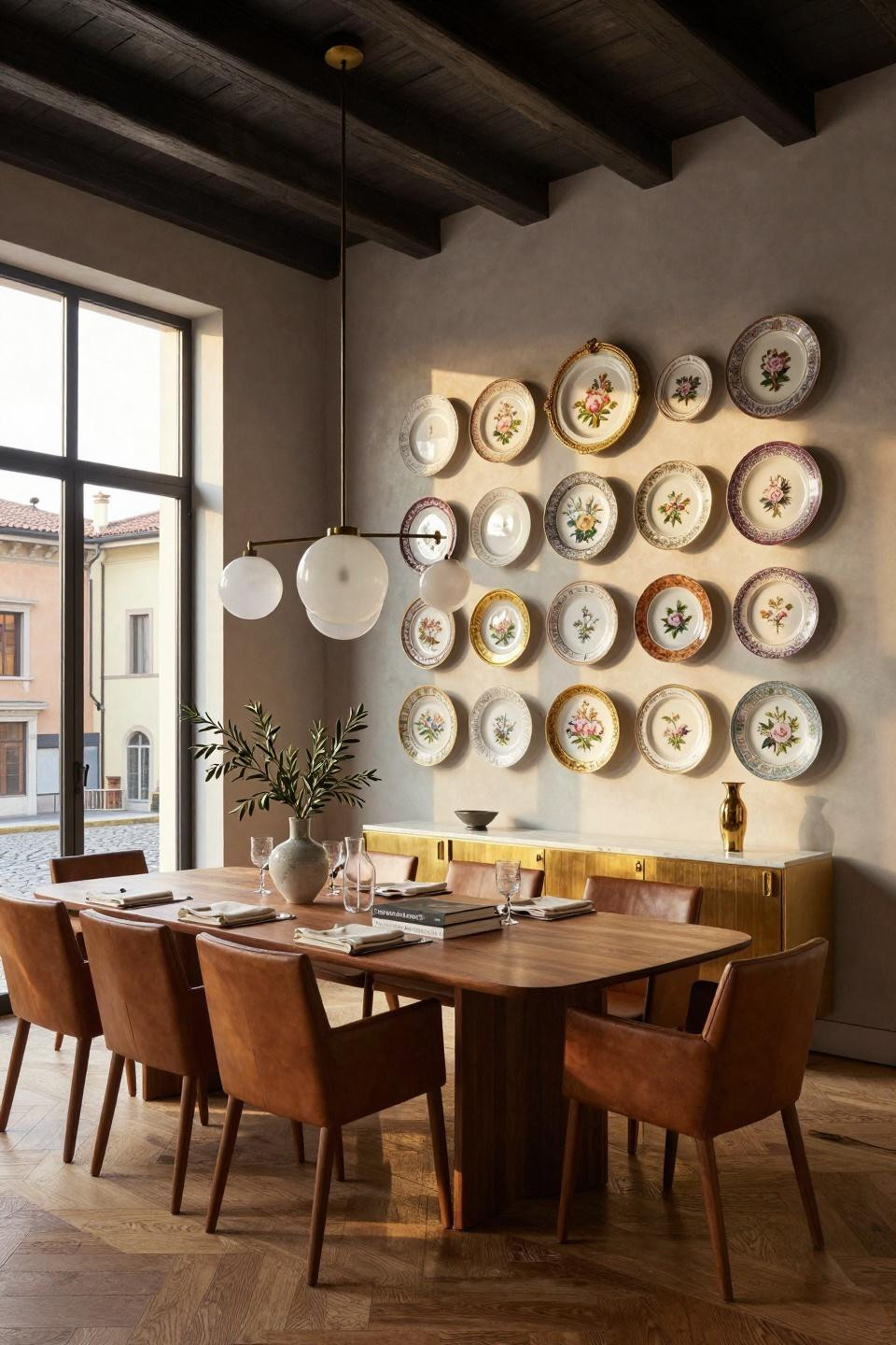 Plate wall decor featuring eighteenth-century Ginori porcelain and Limoges chargers in Milan Centro Storico penthouse