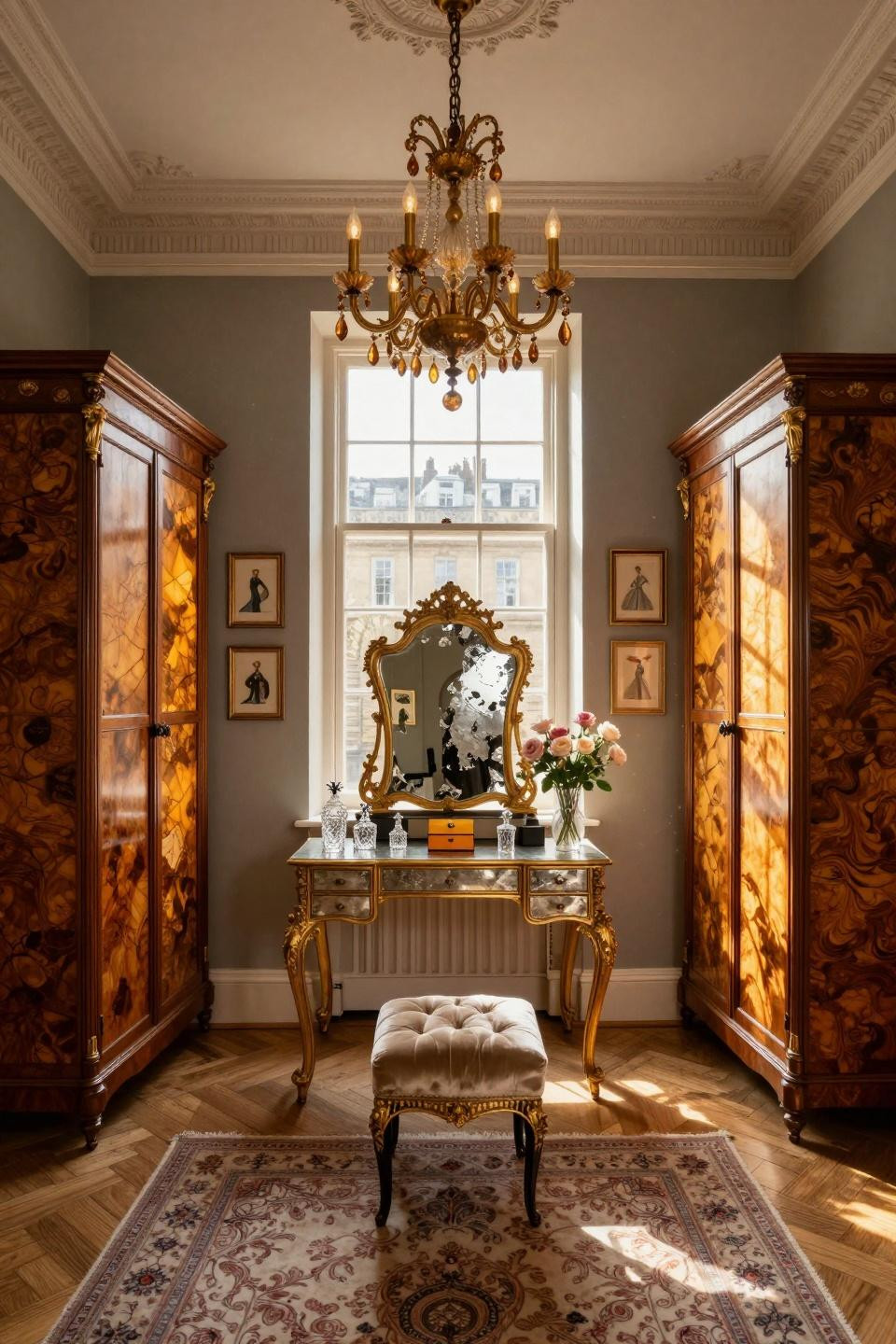 Boho Dressing Room with 18th-century French vanity and backlit onyx panels